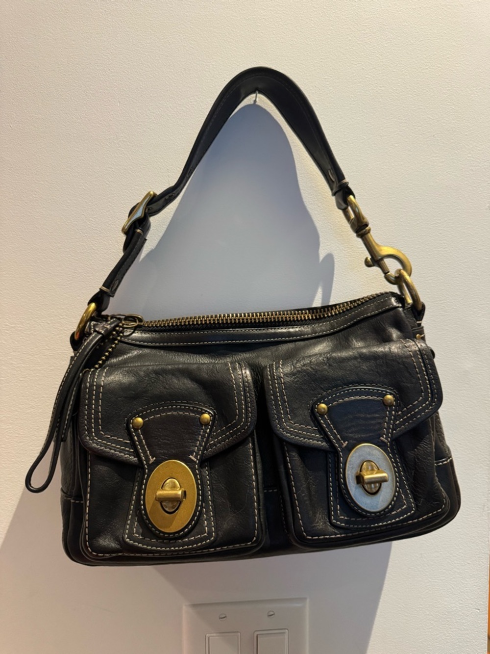 Vintage Y2K Coach Legacy Double Turnlock Black - Stripe Lining